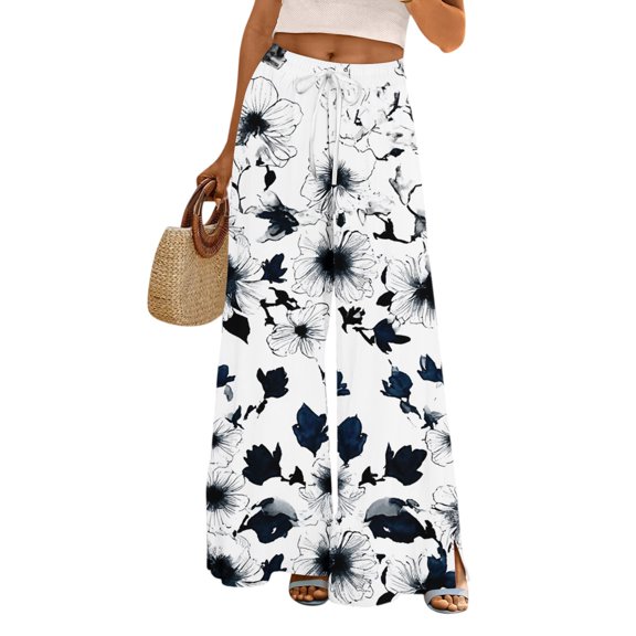 WTOBBY Women's Summer Casual Wide Leg Pants with Adjustable Tie Stretch Belt Floral Print Design and Side Pockets for Fashionable Comfort ,White S