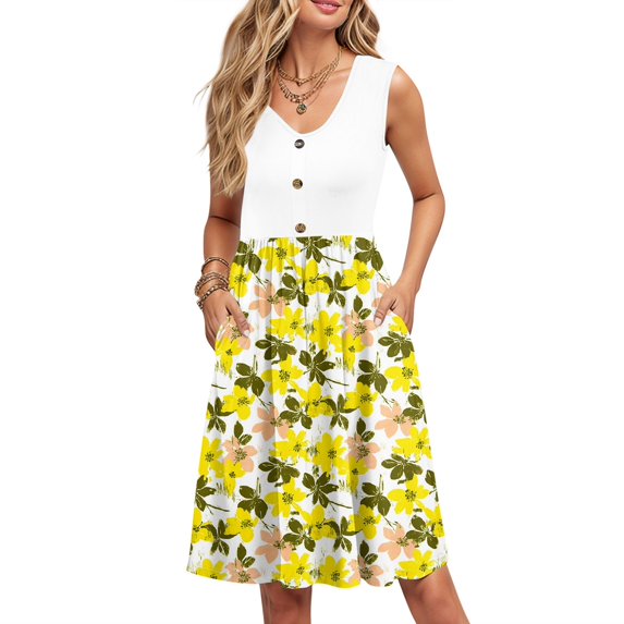 WTOBBY Women's Summer Color Block Print Sleeveless Casual Dress with V-Neck Button Down Front Pockets Loose Swing Midi Sundress for Beach Vacation ,WhiteM