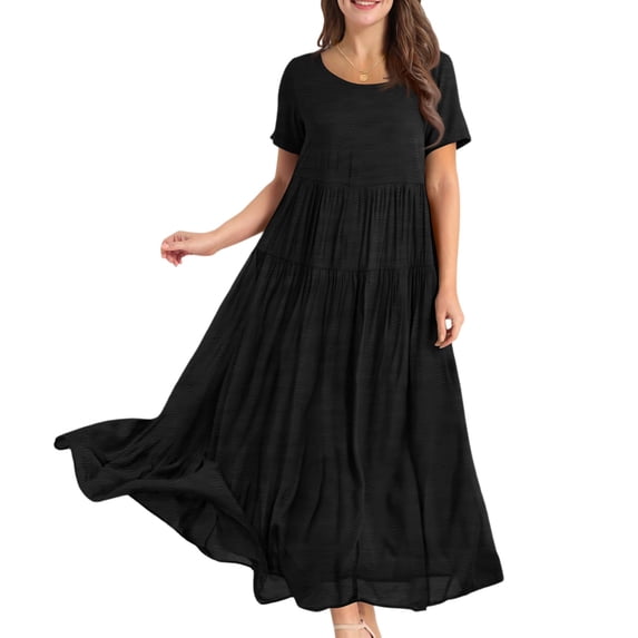 WTOBBY Women's Summer Dress Casual Loose Long Beach Vacation Dresses Short Sleeve Solid Color, Easy and Breezy for Daily Wear,Black L