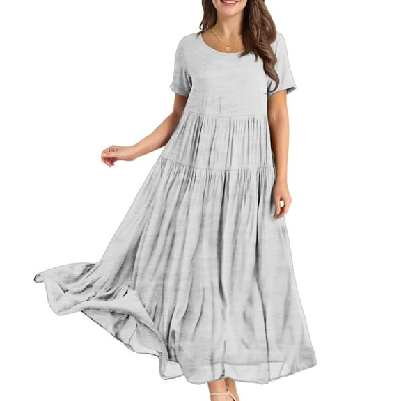 WTOBBY Women's Summer Dress Casual Loose Long Beach Vacation Dresses Short Sleeve Solid Color, Easy and Breezy for Daily Wear,White S