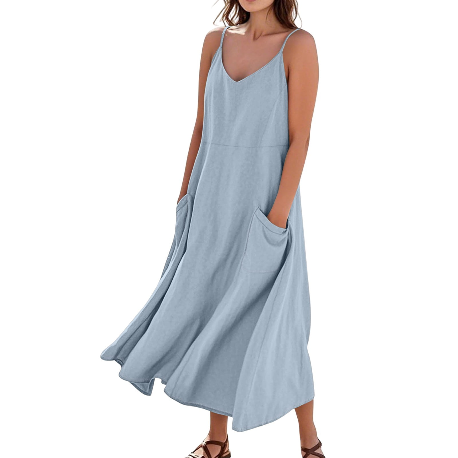 WTOBBY Women's Summer Dress Casual Loose Long Beach Vacation Dresses Sleeveless with Pockets, Solid Color for Easy Breezy Style,Light Blue L WTOBBY Women's Summer Dress Casual Loose Long Beach Vacation Dresses Sleeveless with Pockets, Solid Color for Easy Breezy Style,Light Blue L
