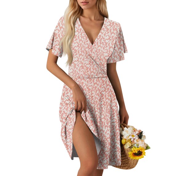 WTOBBY Women's Summer Dress Loose Beach Vacation Casual Deep V Neck Vest Style Floral Print Shirt Dress, Elegant for Resort and Holiday,Pink M