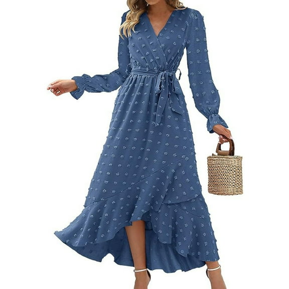 WTOBBY Women's Summer Fashion Long Sleeve Solid Color Dot Boho Corset Dress Bohemian Style with Waist Accent for Festive Outings Lightweight and Chic Seasonal Wear,Blue L