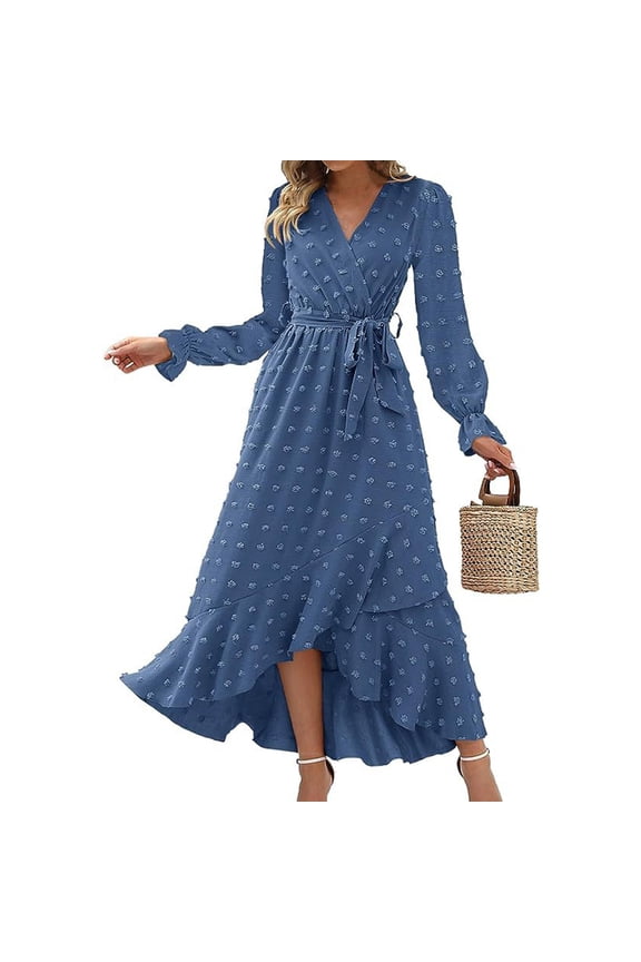 Women's Summer Fashion Long Sleeve Solid Color Dot Boho Corset Dress Bohemian Style with Waist Accent for Festive Outings Lightweight and Chic Seasonal Wear,Blue XL