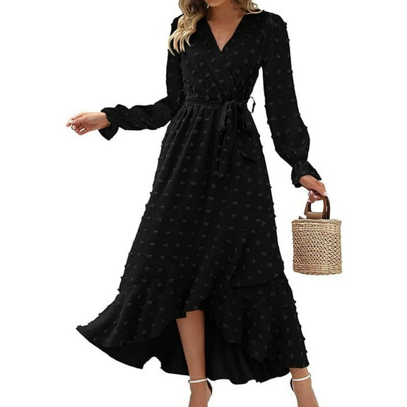 WTOBBY Women's Summer Fashion Long Sleeve Solid Color Dot Boho Corset Dress Bohemian Style with Waist Accent for Festive Outings Lightweight and Chic Seasonal Wear,Black XL