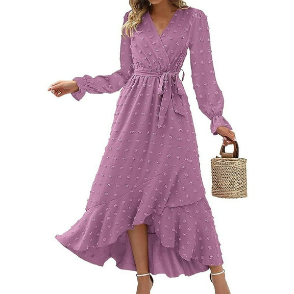 WTOBBY Women's Summer Fashion Long Sleeve Solid Color Dot Boho Corset Dress Bohemian Style with Waist Accent for Festive Outings Lightweight and Chic Seasonal Wear,Purple L