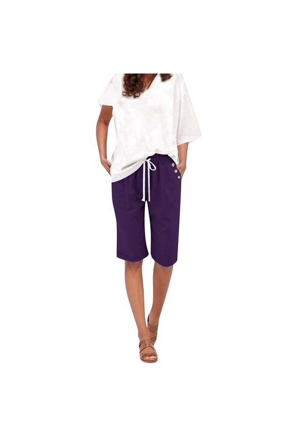 Women's Summer Fashion Solid Color Thin Loose Casual Bermuda Shorts, Lightweight Breathable Outer Wear for Warm Weather Comfort,Purple M