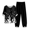 thumbnail image 1 of WTOBBY Women's Summer Fashion Two Piece Set Half Sleeve Printed Tops with Elastic Waist Nine Piece Pants Outfit Casual and Comfortable for Daily Wear ,Black L, 1 of 7