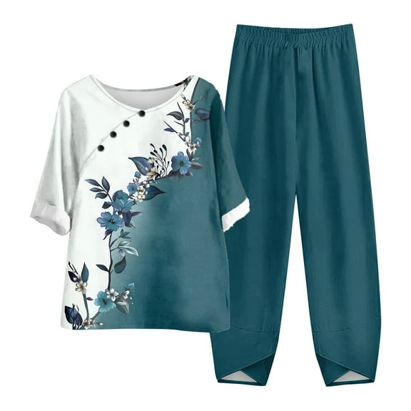WTOBBY Women's Summer Fashion Two Piece Set Half Sleeve Printed Tops with Elastic Waist Nine Piece Pants Outfit Casual and Comfortable for Daily Wear ,Dark Blue XL