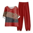 thumbnail image 1 of WTOBBY Women's Summer Fashion Two Piece Set Half Sleeve Printed Tops with Elastic Waist Nine Piece Pants Outfit Casual and Comfortable for Daily Wear ,Wine S, 1 of 7