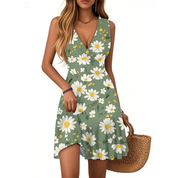 WTOBBY Women's Summer Floral Dress V-Neck Sleeveless Pleated Hem Casual Dress with Back Keyhole Design and Lightweight Fabric for Daily Wear and Vacation ,Dark GreenL