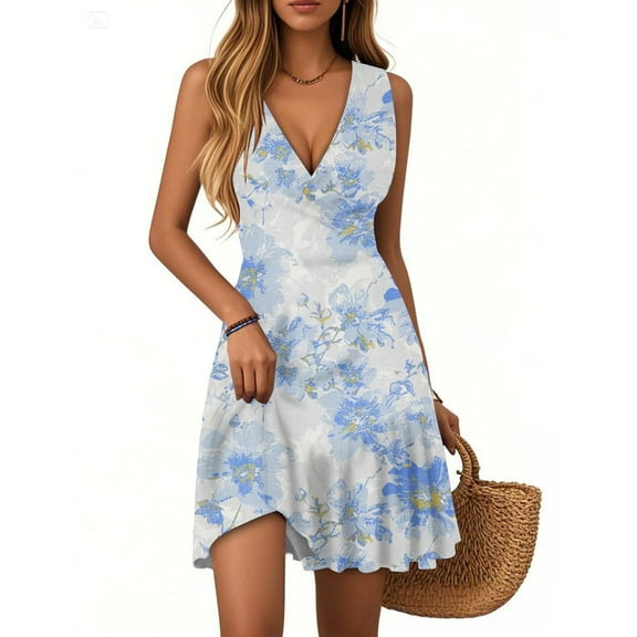 WTOBBY Women's Summer Floral Print Dress V-Neck Sleeveless Casual Pleated Hem Dress with Puff Sleeve Accents for Special Occasions and Events,Royal BlueM