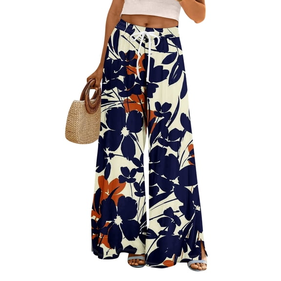 WTOBBY Women's Summer Floral Print Wide Leg Palazzo Pants Featuring High Waist Elastic Drawstring Casual Design and Pockets for Stylish Outfits ,Dark Blue M
