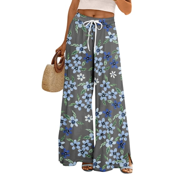 WTOBBY Women's Summer Floral Print Wide Leg Palazzo Pants Featuring High Waist Elastic Drawstring Casual Design and Pockets for Stylish Outfits ,Gray M