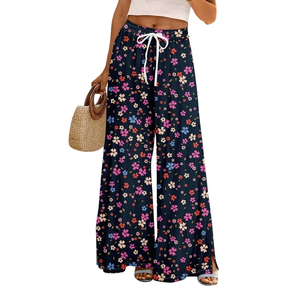 WTOBBY Women's Summer Floral Print Wide Leg Palazzo Pants Featuring High Waist Elastic Drawstring Casual Design and Pockets for Stylish Outfits ,Purple Pink S