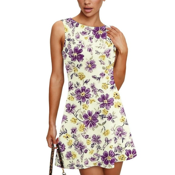 WTOBBY Women's Summer Floral Sundress Round Neck Sleeveless Casual Vest Dress with Back Keyhole Design for Outdoor Events and Garden Parties ,Dark PurpleS