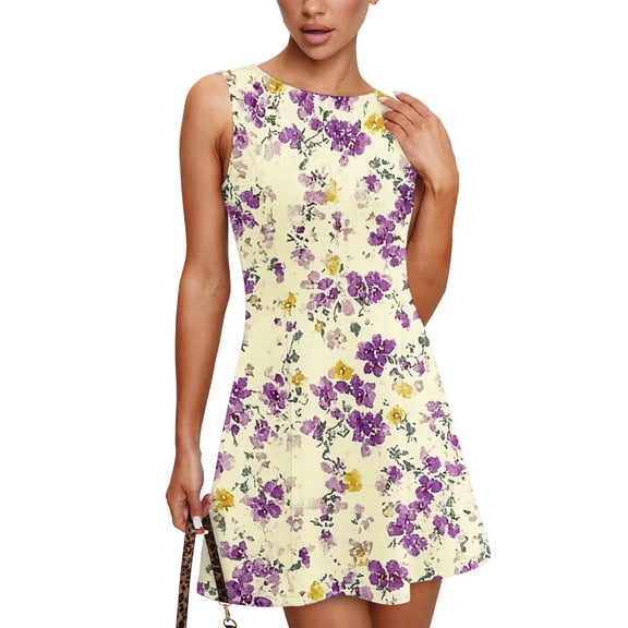 WTOBBY Women's Summer Floral Sundress Round Neck Sleeveless Casual Vest Dress with Back Keyhole Design for Outdoor Events and Garden Parties ,PurpleS