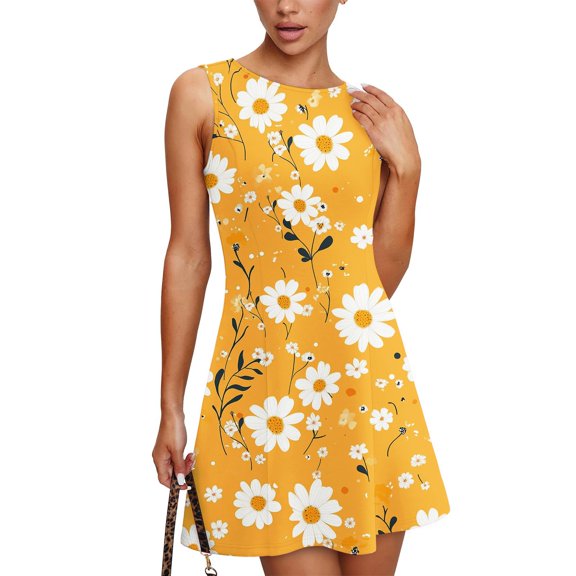WTOBBY Women's Summer Floral Sundress Round Neck Sleeveless Casual Vest Dress with Back Keyhole Design for Outdoor Events and Garden Parties ,YellowS