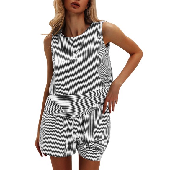 WTOBBY Women's Summer Leisure Two Piece Outfit Sleeveless Tank Top and Matching Shorts Striped Sweatsuits Set Sporty and Comfortable for Casual Style ,Black L