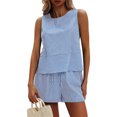 thumbnail image 1 of WTOBBY Women's Summer Leisure Two Piece Outfit Sleeveless Tank Top and Matching Shorts Striped Sweatsuits Set Sporty and Comfortable for Casual Style ,Blue L, 1 of 5