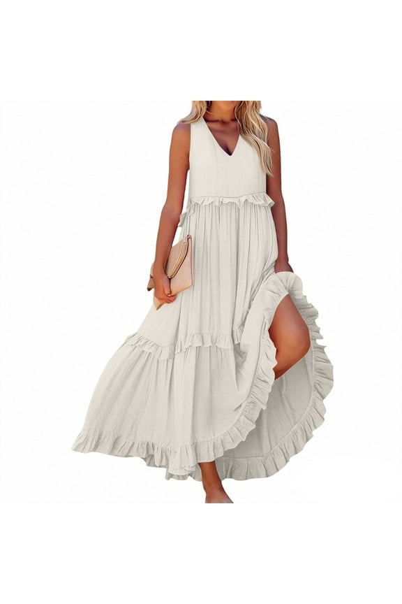 Women's Summer Long Dress with Lining, Big Swing Beach V-Neck Maxi Dress, Lightweight and Flowy for Vacation, Ocean Getaways,Beige XL