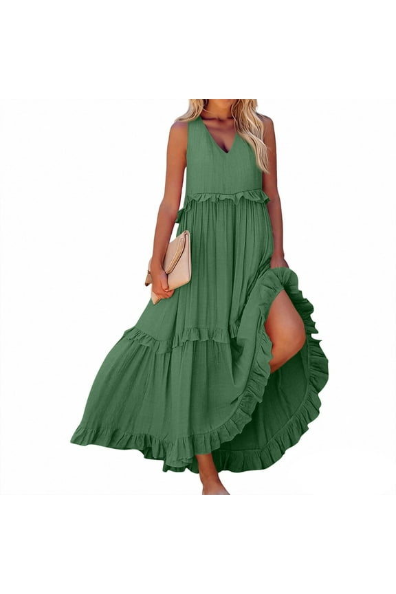 Women's Summer Long Dress with Lining, Big Swing Beach V-Neck Maxi Dress, Lightweight and Flowy for Vacation, Ocean Getaways,Green 2XL