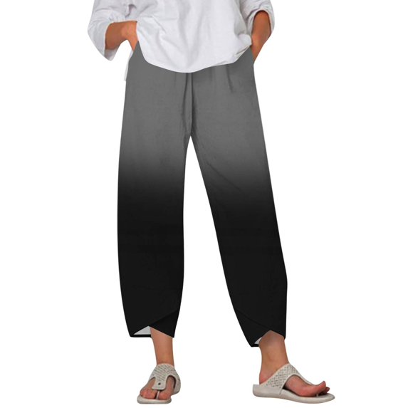 WTOBBY Women's Summer Printed Elastic Waist Wide Leg Pants - Gradient Color Beach Trousers with Side Pockets & Lightweight Fabric for Travel Essentials,Dark Gray S