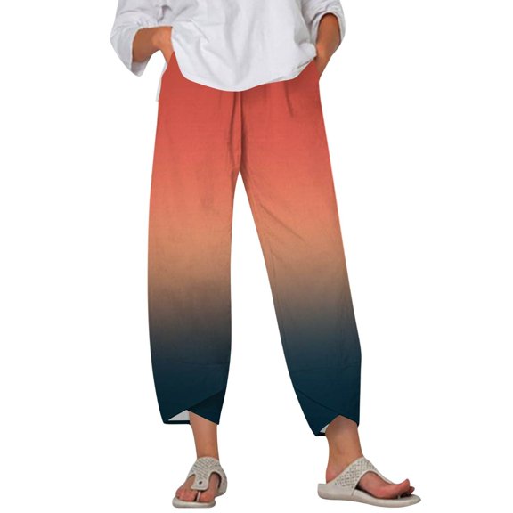 WTOBBY Women's Summer Printed Elastic Waist Wide Leg Pants - Gradient Color Beach Trousers with Side Pockets & Lightweight Fabric for Travel Essentials,Orange L