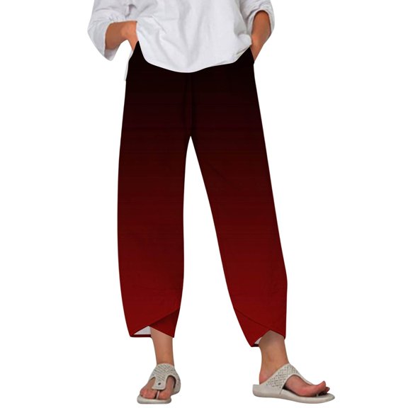 WTOBBY Women's Summer Printed Elastic Waist Wide Leg Pants - Gradient Color Beach Trousers with Side Pockets & Lightweight Fabric for Travel Essentials,Wine XL