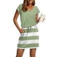 thumbnail image 1 of WTOBBY Women's Summer V-Neck Casual Short Sleeve Drawstring Waist Pocket Striped Patchwork Dresses for Boho Style and Daily Comfort,Light Green L, 1 of 4