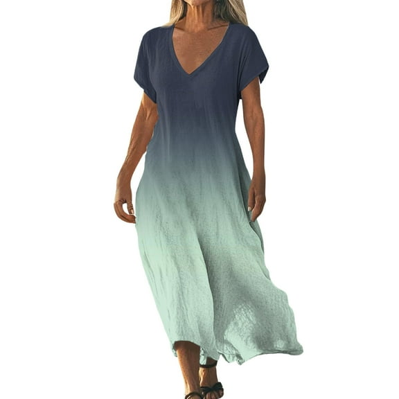 WTOBBY Women's Summer V-Neck Short Sleeve Cotton Linen Gradient Printed Loose Beach Dresses for Vacation Resort and Outdoor Activities,Green S