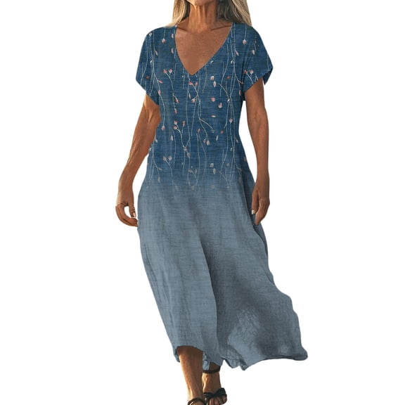 WTOBBY Women's Summer V-Neck Short Sleeve Cotton Linen Gradient Printed Loose Beach Dresses for Vacation Resort and Outdoor Activities,Mint Green L