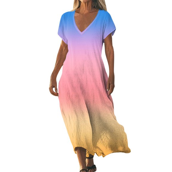 WTOBBY Women's Summer V-Neck Short Sleeve Cotton Linen Gradient Printed Loose Beach Dresses for Vacation Resort and Outdoor Activities,Pink M