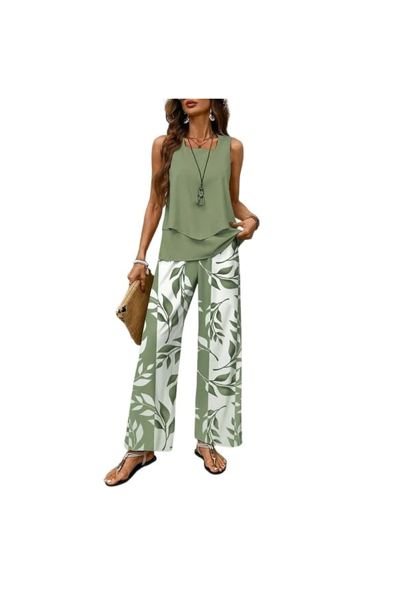Women's Summer Vacation Outfit, Double-Layer Sleeveless Vest Top & Loose Casual Pants 2-Piece Set, Lightweight Travel Wear,Army Green L