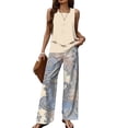 thumbnail image 1 of WTOBBY Women's Summer Vacation Outfit, Double-Layer Sleeveless Vest Top & Loose Casual Pants 2-Piece Set, Lightweight Travel Wear,Beige XL, 1 of 3