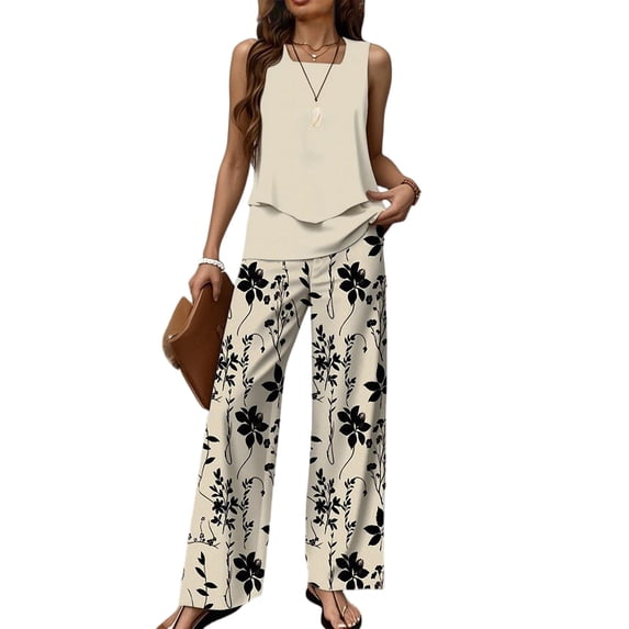 WTOBBY Women's Summer Vacation Outfit, Double-Layer Sleeveless Vest Top & Loose Casual Pants 2-Piece Set, Lightweight Travel Wear,Khaki M