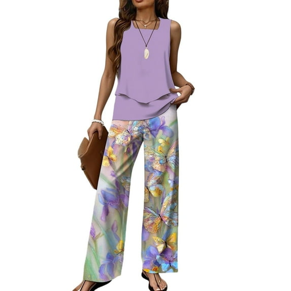 WTOBBY Women's Summer Vacation Outfit, Double-Layer Sleeveless Vest Top & Loose Casual Pants 2-Piece Set, Lightweight Travel Wear,Purple 2XL