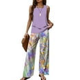 thumbnail image 1 of WTOBBY Women's Summer Vacation Outfit, Double-Layer Sleeveless Vest Top & Loose Casual Pants 2-Piece Set, Lightweight Travel Wear,Purple L, 1 of 3