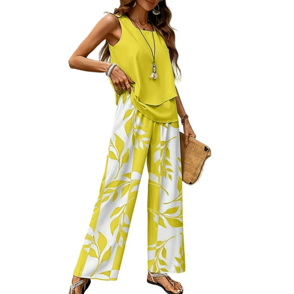 WTOBBY Women's Summer Vacation Outfit, Double-Layer Sleeveless Vest Top & Loose Casual Pants 2-Piece Set, Lightweight Travel Wear,Yellow XL