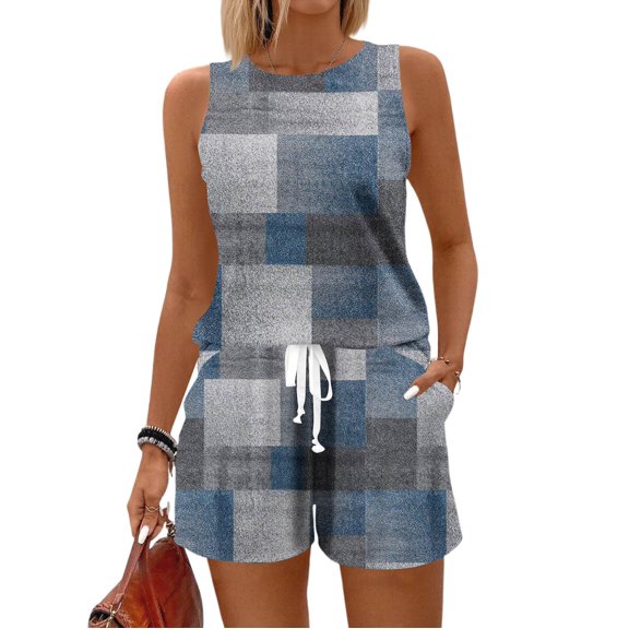 WTOBBY Women's Summer Vintage Floral Print Two Piece Set Vest Sleeveless Top and Shorts Outfit Casual and Stylish for Retro Fashion Lovers ,Royal Blue M