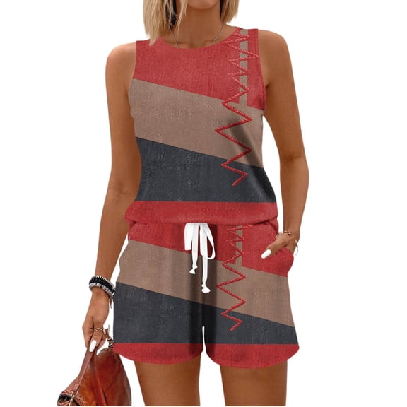 WTOBBY Women's Summer Vintage Floral Print Two Piece Set Vest Sleeveless Top and Shorts Outfit Casual and Stylish for Retro Fashion Lovers ,Red S