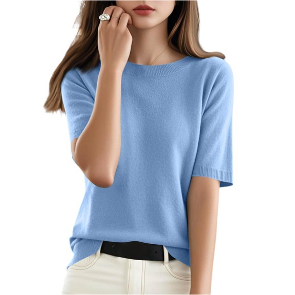 WTOBBY Women's Sweater T-Shirt Short Sleeve Knitted Pullover Round Neck Lightweight Casual Solid Color Top Elegant and Breathable for Spring and Summer Transitional Weather Comfort,Blue S