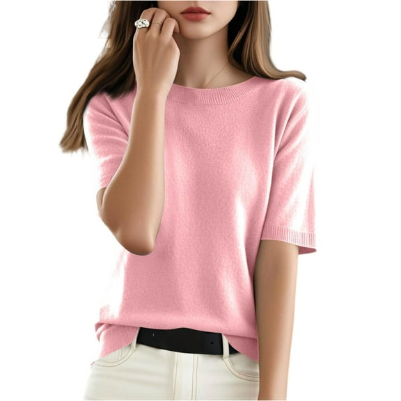 WTOBBY Women's Sweater T-Shirt Short Sleeve Knitted Pullover Round Neck Lightweight Casual Solid Color Top Elegant and Breathable for Spring and Summer Transitional Weather Comfort,Pink L