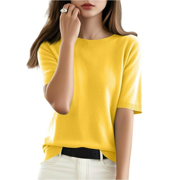 WTOBBY Women's Sweater T-Shirt Short Sleeve Knitted Pullover Round Neck Lightweight Casual Solid Color Top Elegant and Breathable for Spring and Summer Transitional Weather Comfort,Yellow XL