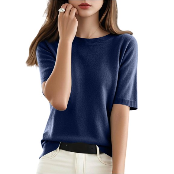 WTOBBY Women's Sweater T-Shirt Short Sleeve Knitted Pullover Round Neck Lightweight Casual Solid Color Top Elegant and Breathable for Spring and Summer Transitional Weather Comfort,Navy XL