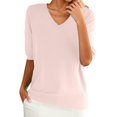 thumbnail image 1 of WTOBBY Women's Sweater T-Shirt Short Sleeve Knitted Pullover V-Neck Lightweight Casual Solid Color Top Elegant for Spring and Summer Comfort Breathable Fabric Everyday Style,Pink S, 1 of 5