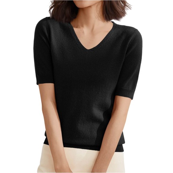 WTOBBY Women's Sweater T-Shirt Short Sleeve Knitted Pullover V-Neck Lightweight Casual Solid Color Top Elegant for Spring and Summer Transition Comfortable and Breathable Fabric,Black 2XL