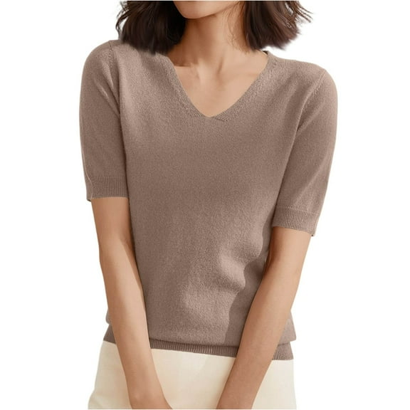 WTOBBY Women's Sweater T-Shirt Short Sleeve Knitted Pullover V-Neck Lightweight Casual Solid Color Top Elegant for Spring and Summer Transition Comfortable and Breathable Fabric,Camel M