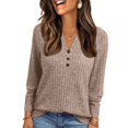 thumbnail image 1 of WTOBBY Women's T Shirt Tee Button Long Sleeve Daily Weekend Fashion Basic V-Neck Regular Top - Casual Comfort Wear with Button Detail for Stylish Outfits,Light Brown XL, 1 of 6