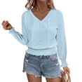thumbnail image 1 of WTOBBY Women's T Shirts Long Sleeve V Neck Tees Fashion Tops Lightweight Soft Casual Shirt - Solid Color Hollow Out Design with Ruffle Hem for Style,Light Blue L, 1 of 5